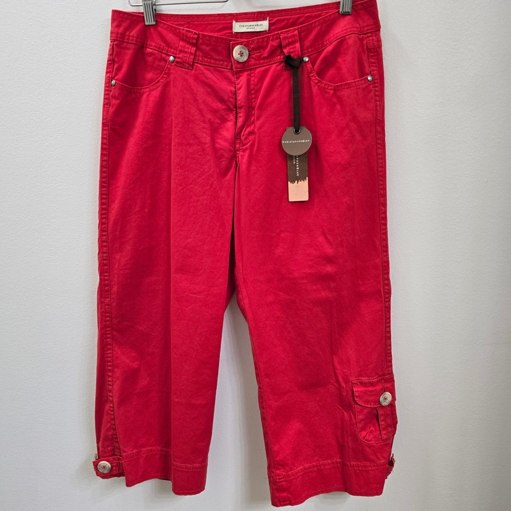 Christopher Blue Red Stretch Cropped Cargo Pants Womens Size 10 Capris Cotton
